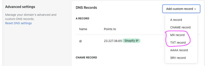 shopify dns record manual customization is only needed if you're using namecheap to host your email.