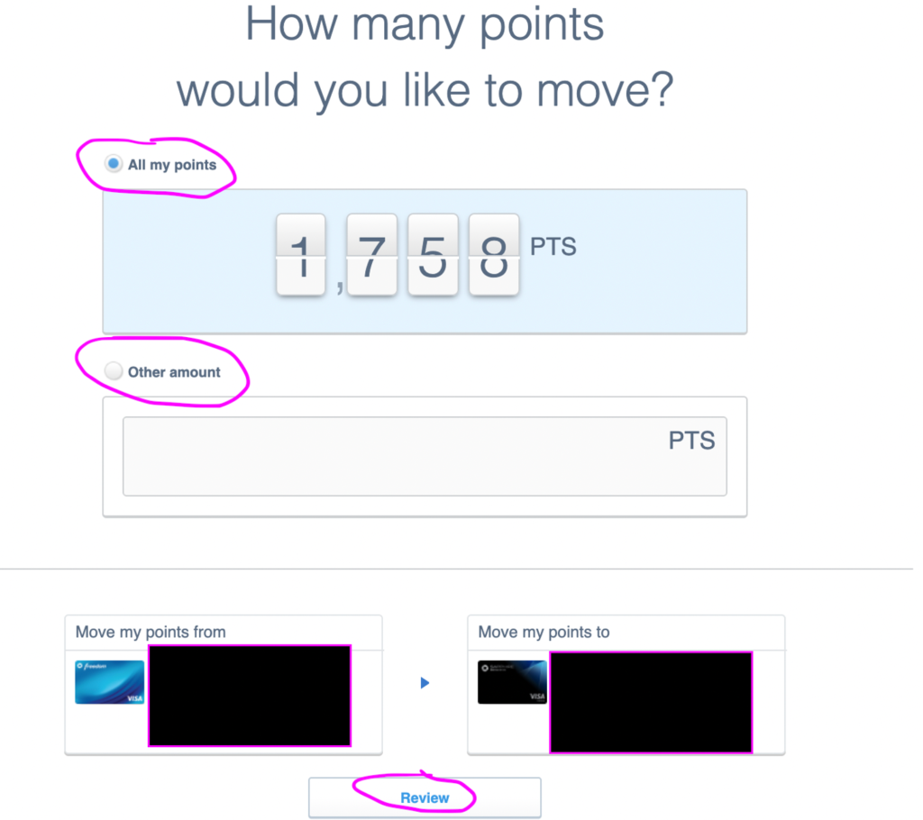 choose how many points you want to transfer from your chase freedom card to your sapphire card