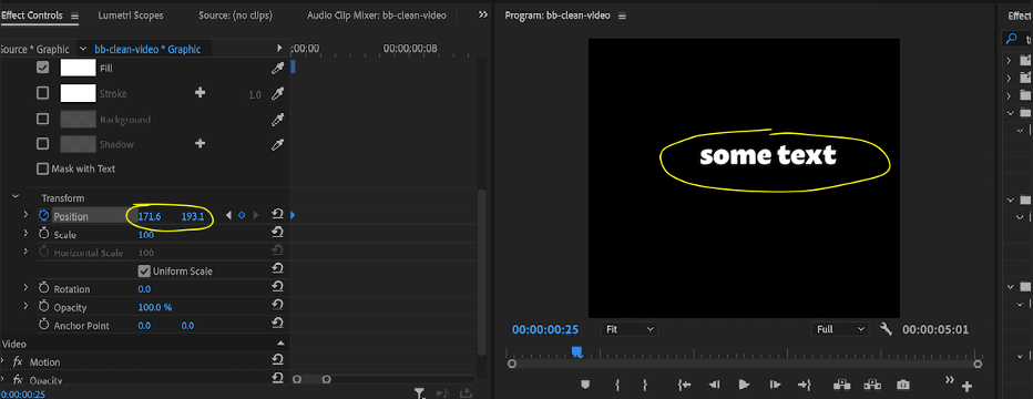 move text in premiere pro by first moving the time, and then adjusting the positional coordinate