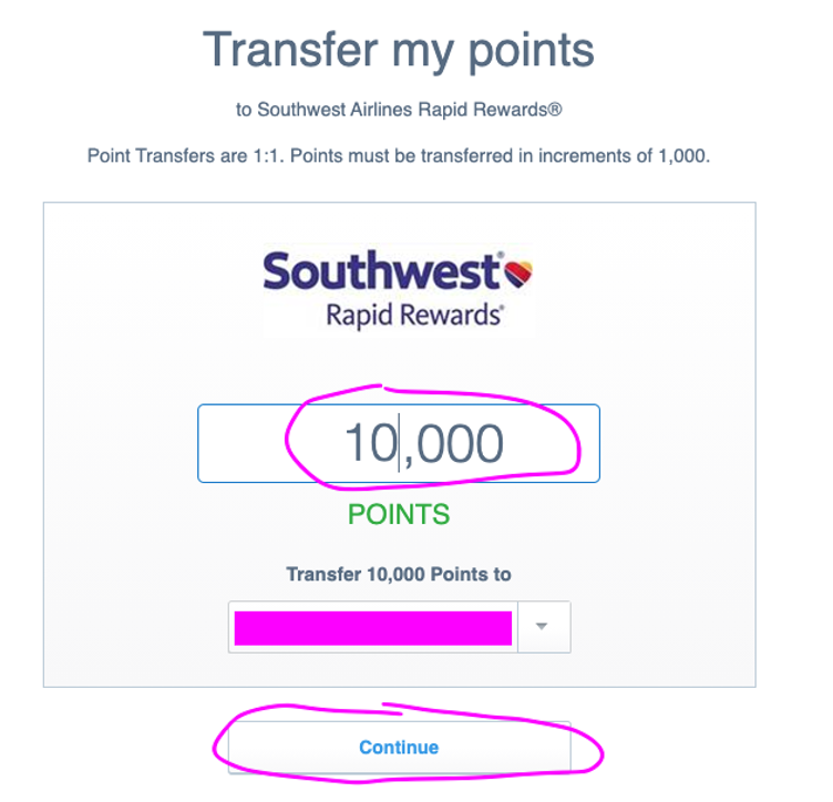 choose how many chase points you'd like to transfer to southwest