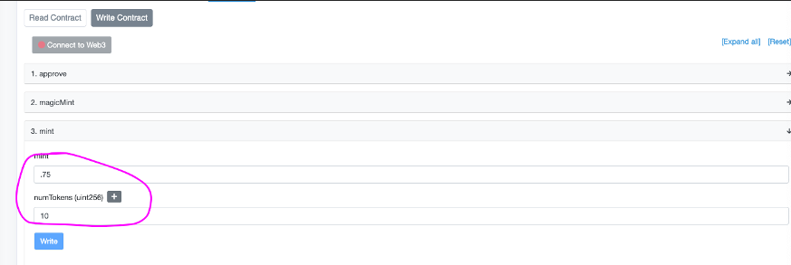 using etherscan's smart contract to mint an nft