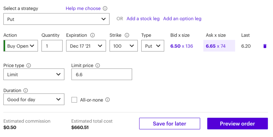 example of a put option contract