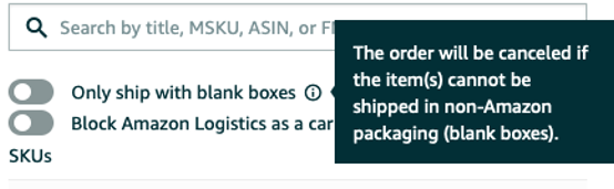 you can ship blank boxes with amazon, but might have delayed fulfillment. they're doing a beta for blank boxes for MCF though.