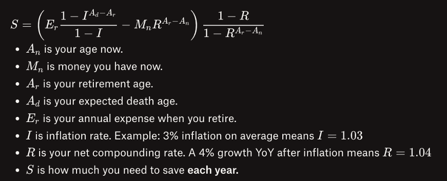 more realistic formula of how much money you need to save annually for retirement.